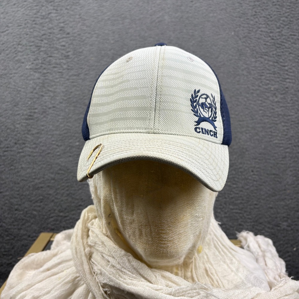 Cinch Mens Flexfit Mesh Back Trucker Hat‎ White Navy Blue L-XL Fishing Hook Pin